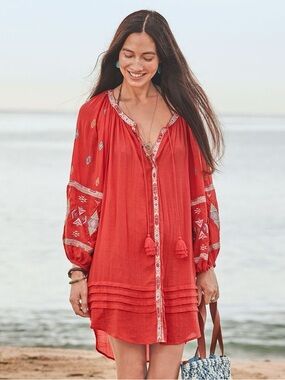 SUNDANCE EMBROIDERED TASSEL TUNIC BOHO COASTAL PEASANT DRESS SZ M PM PETITE M